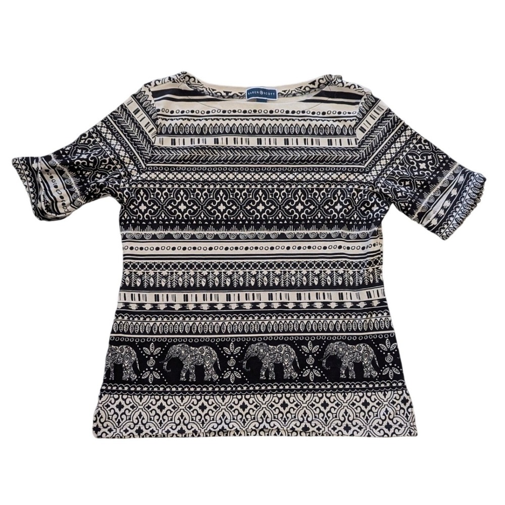 Karen Scott Top Womens L Black Ivory Elephant Print Boho Boat Neck Short Sleeve
